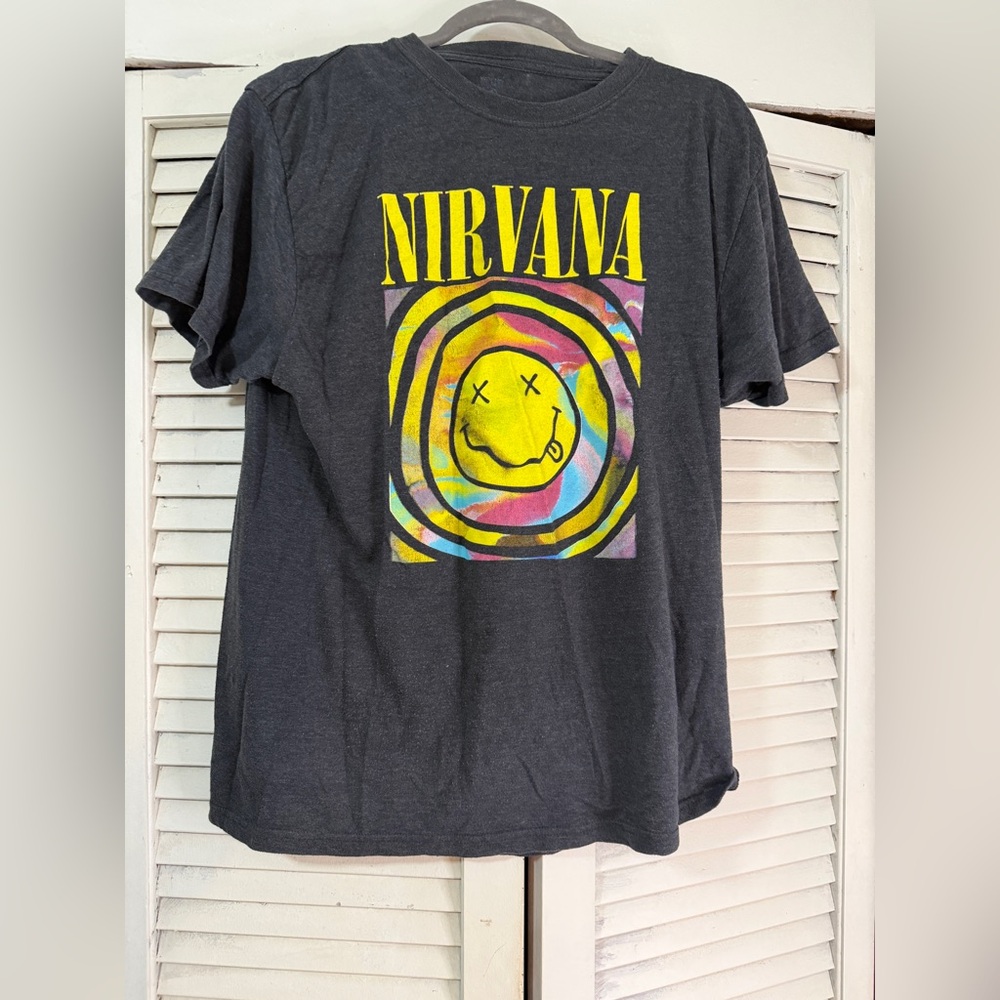NIRVANA Short Sleeve Tee in Dark Gray with Yellow and Multicolor Design